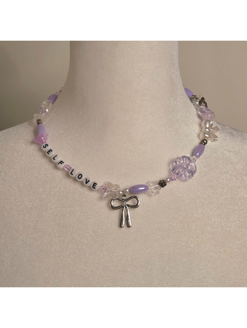 Handmade Lilac Purple Beaded Wire Choker Necklace w/ Butterfly and Flower Charms